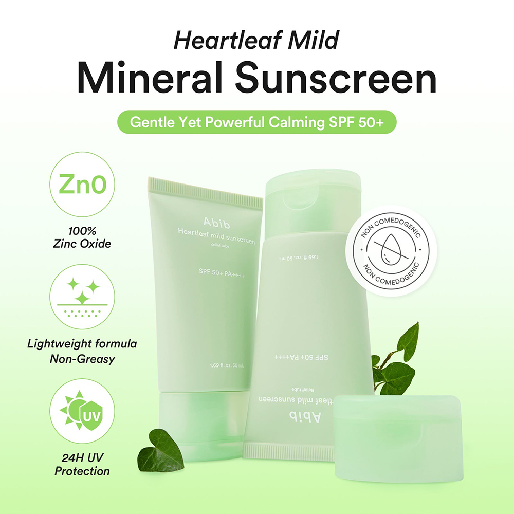 ABIB Heartleaf Mild Sunscreen Relief Tube SPF50+ PA++++, 50 ml - crema de fata formulata cu oxid de zinc si extract de Heartleaf, care contribuie la protectia solara si la reducerea rosetii, Daily