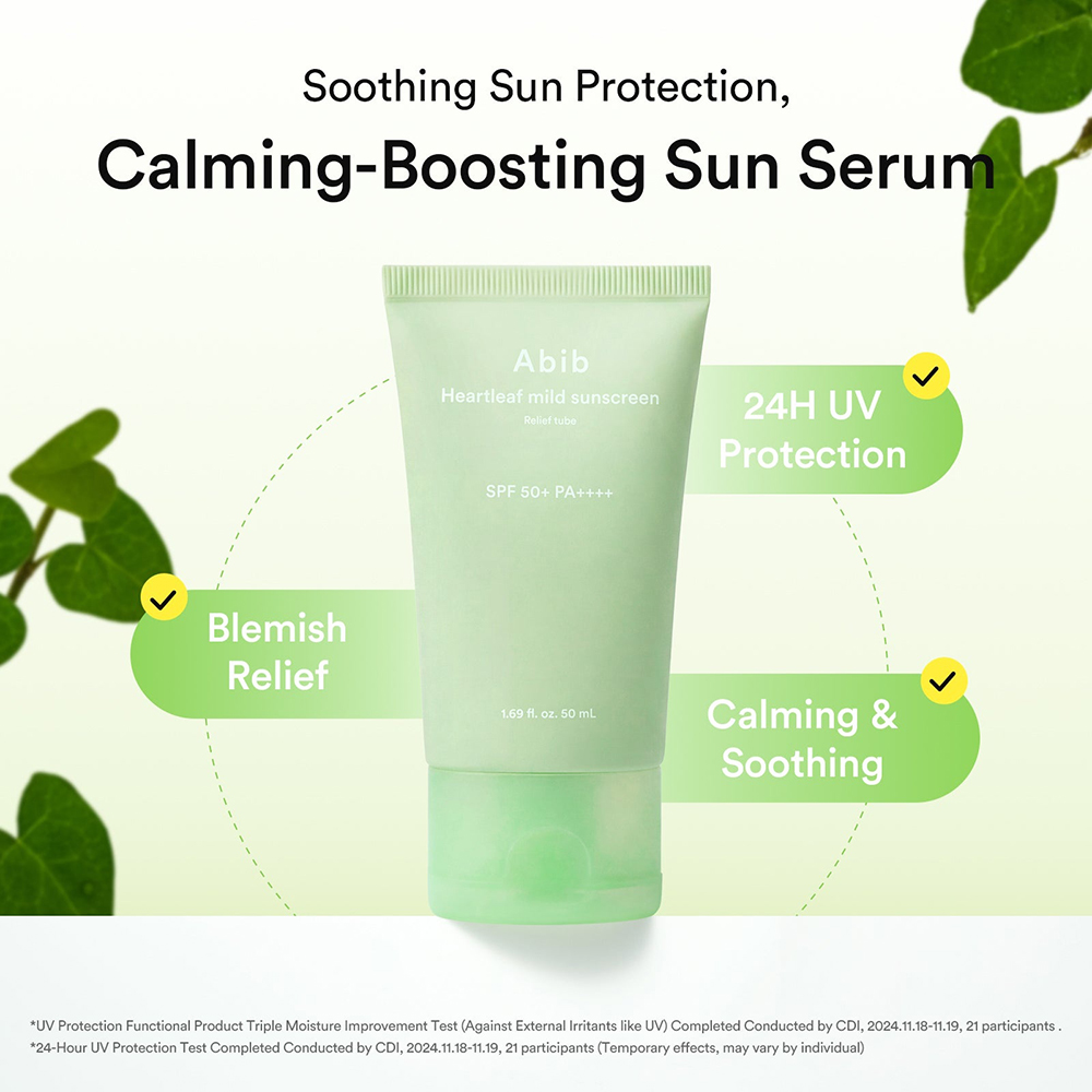 ABIB Heartleaf Mild Sunscreen Relief Tube SPF50+ PA++++, 50 ml - crema de fata formulata cu oxid de zinc si extract de Heartleaf, care contribuie la protectia solara si la reducerea rosetii, Daily