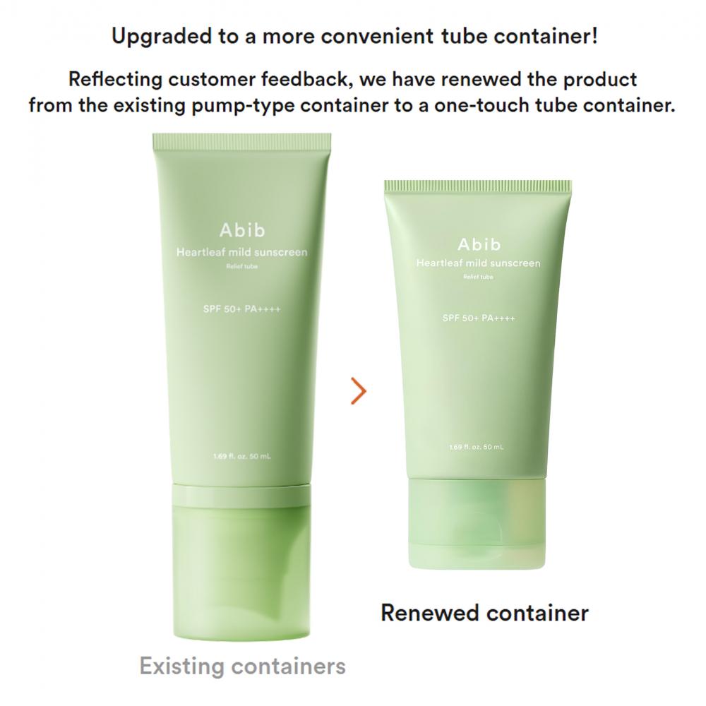 ABIB Heartleaf Mild Sunscreen Relief Tube SPF50+ PA++++, 50 ml - crema de fata formulata cu oxid de zinc si extract de Heartleaf, care contribuie la protectia solara si la reducerea rosetii, Daily