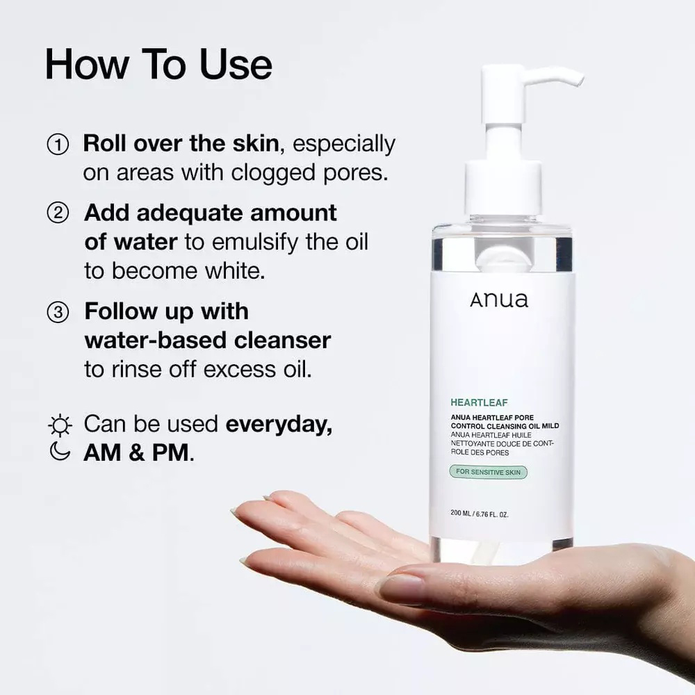 ANUA Heartleaf Pore Control Cleansing Oil Mild, , 200 ml - ulei de curatare formulata cu extract de heartleaf si vitamina E, care contribuie la indepartarea machiajului, a SPF-ului si a impuritatilor si la metinerea confortului pielii dupa utilizare