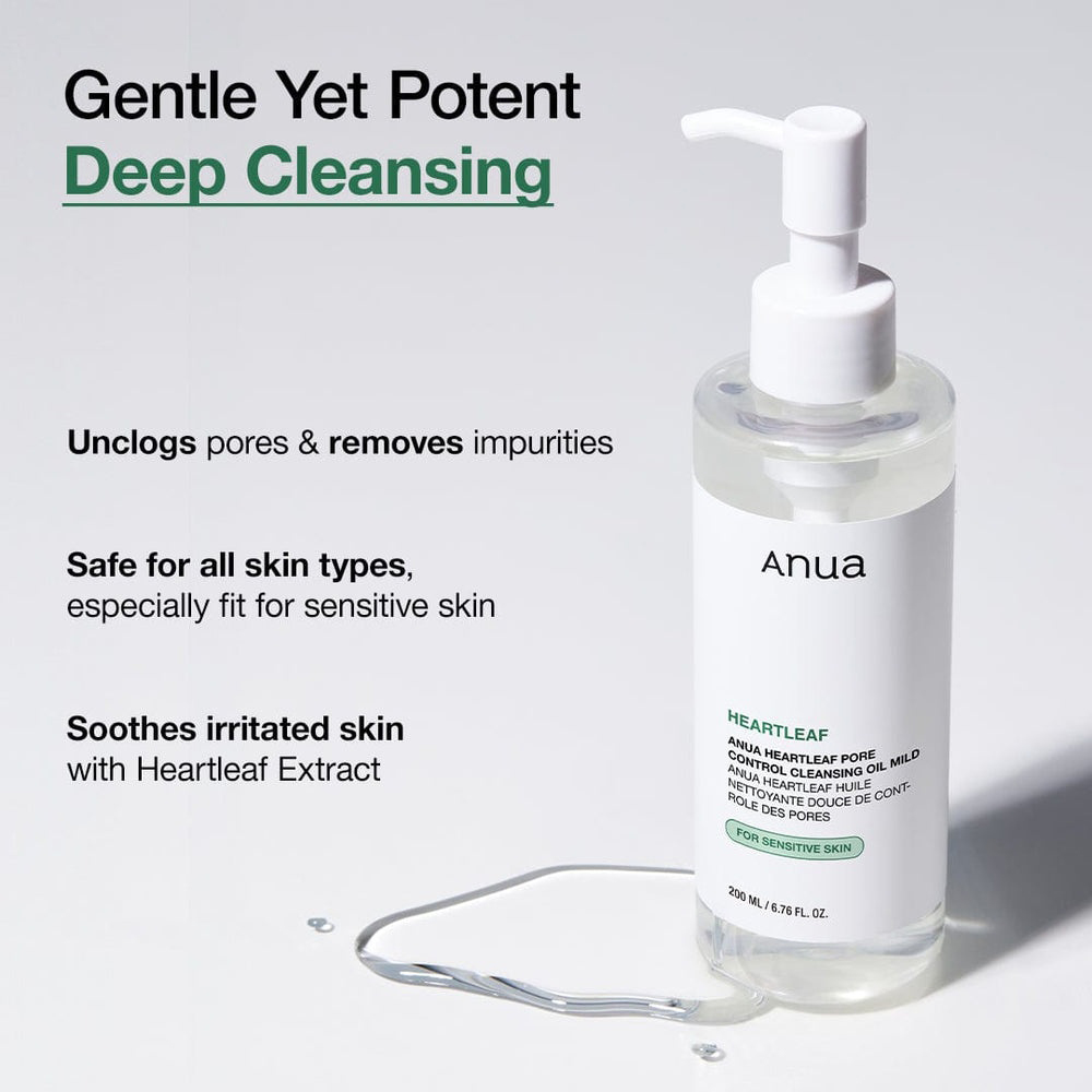 ANUA Heartleaf Pore Control Cleansing Oil Mild, , 200 ml - ulei de curatare formulata cu extract de heartleaf si vitamina E, care contribuie la indepartarea machiajului, a SPF-ului si a impuritatilor si la metinerea confortului pielii dupa utilizare
