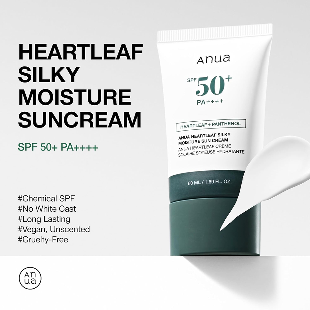 ANUA Heartleaf Silky Moisture Sun Cream SPF50+ PA++++, 50 ml - Crema de fata formulata cu extract de Heartleaf si pantenol, care contribuie la protectia pielii impotriva razelor UVA si UVB si la metinerea hidratarii si a confortului cutanat
