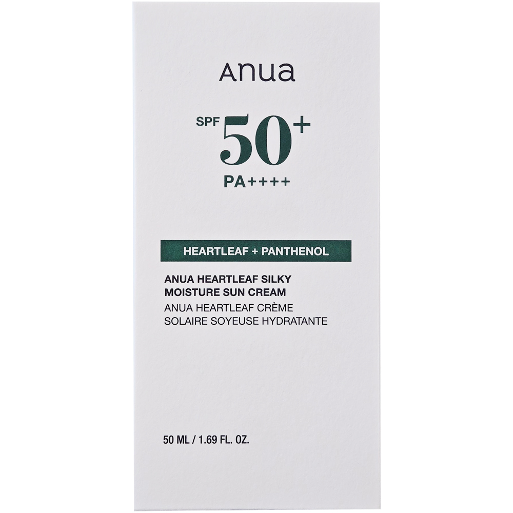 ANUA Heartleaf Silky Moisture Sun Cream SPF50+ PA++++, 50 ml - Crema de fata formulata cu extract de Heartleaf si pantenol, care contribuie la protectia pielii impotriva razelor UVA si UVB si la metinerea hidratarii si a confortului cutanat