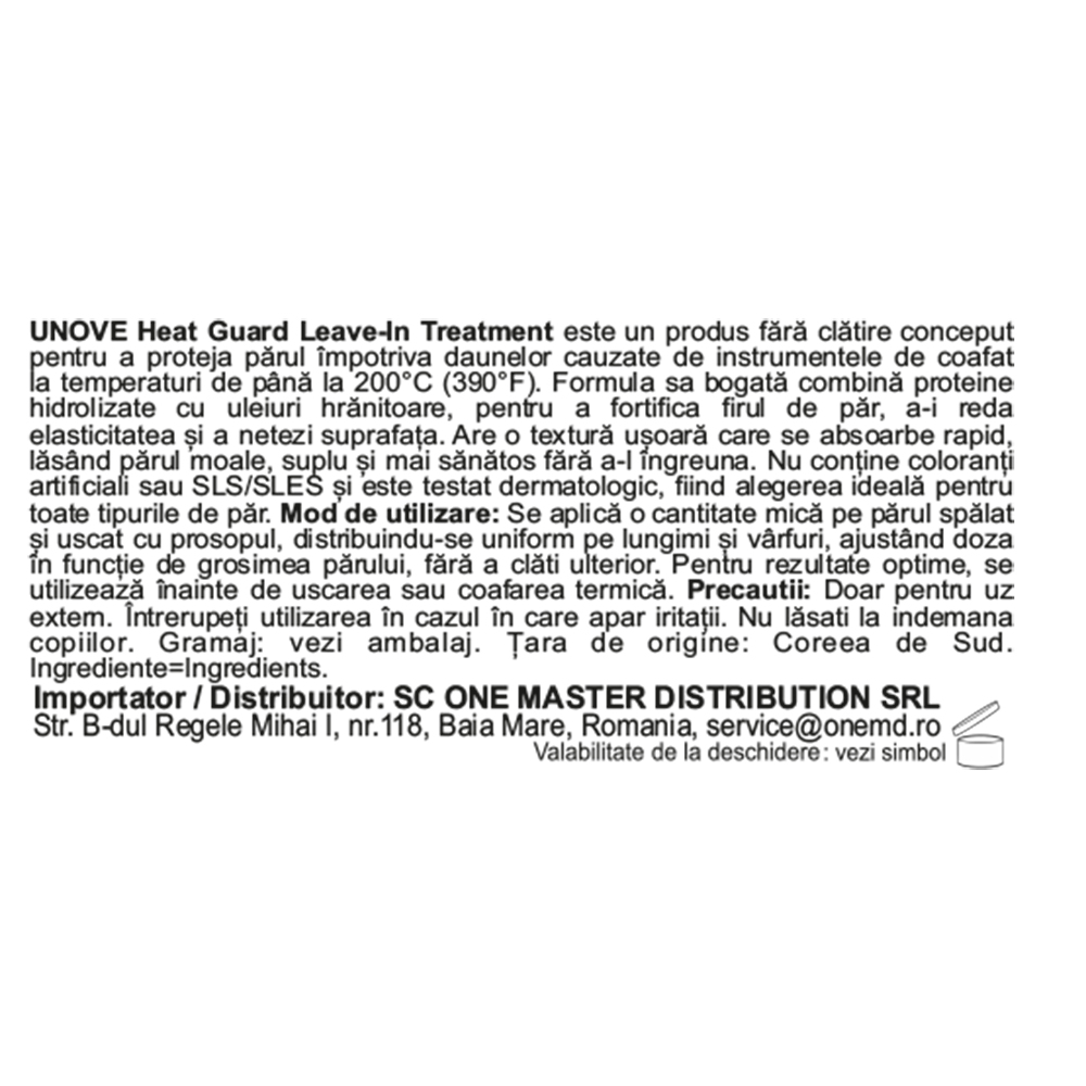UNOVE Heat Guard Leave In Treatment - masca de par formulata cu keratina hidrolizata si ulei de argan, care contribuie la protectia parului impotriva caldurii de pana la 200?C - 147 ml