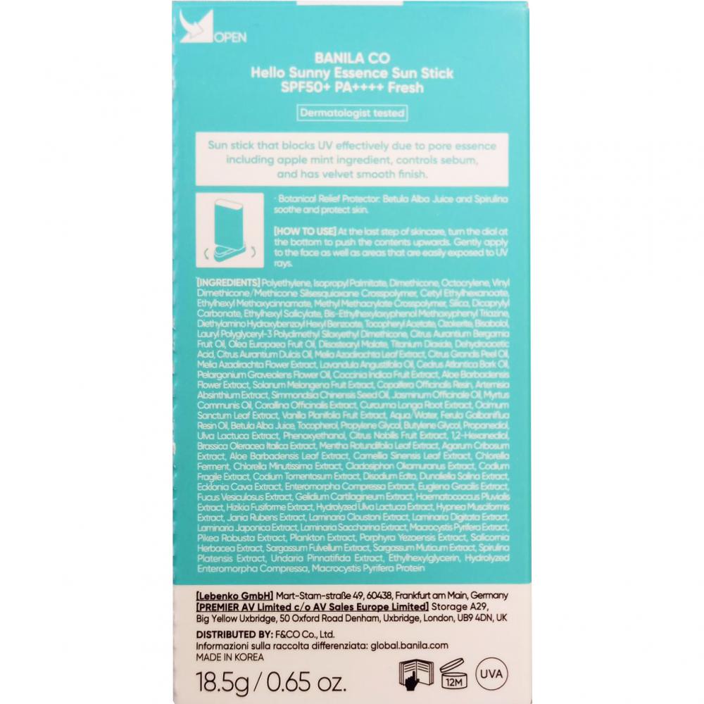 BANILA CO Hello Sunny Fresh - stick pentru fata formulat cu extract de menta si SPF 50+, care contribuie la protectia pielii impotriva razelor UVA si UVB si la metinerea hidratarii - 19 gr