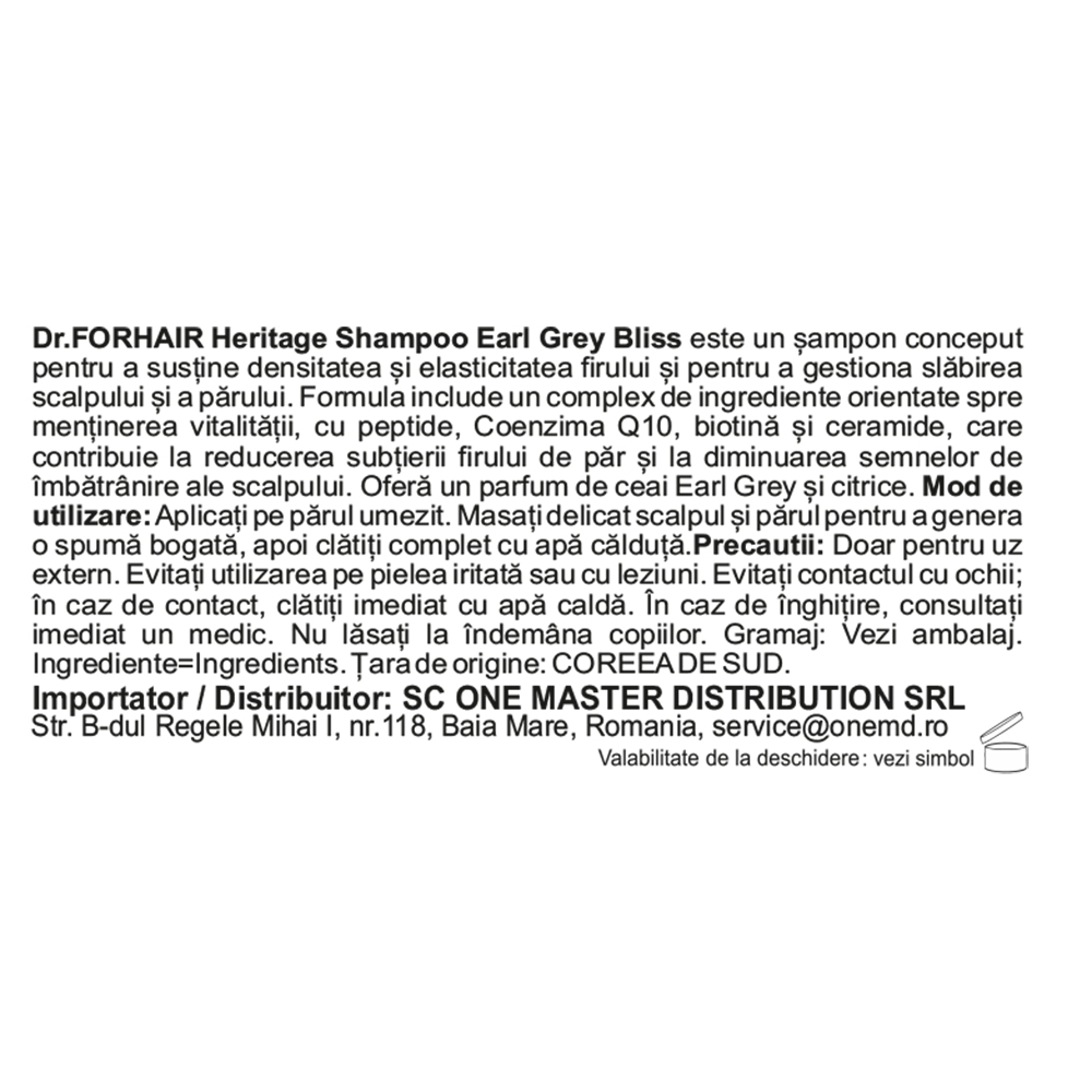 Dr. FORHAIR Heritage Shampoo Earl Grey Bliss - sampon formulat cu biotina si acid salicilic, care contribuie la fortificarea firului de par si la mentinerea unui scalp curat - 500 ml