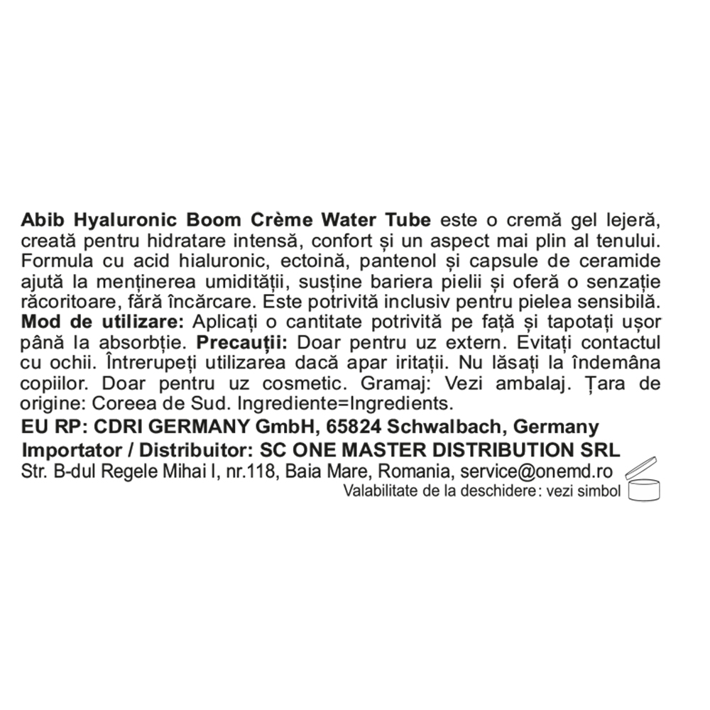 ABIB Hyaluronic Boom Creme Water Tube 75 ml - Crema de fata formulata cu acid hialuronic si pantenol, care contribuie la hidratarea pielii si la metinerea confortului cutanat