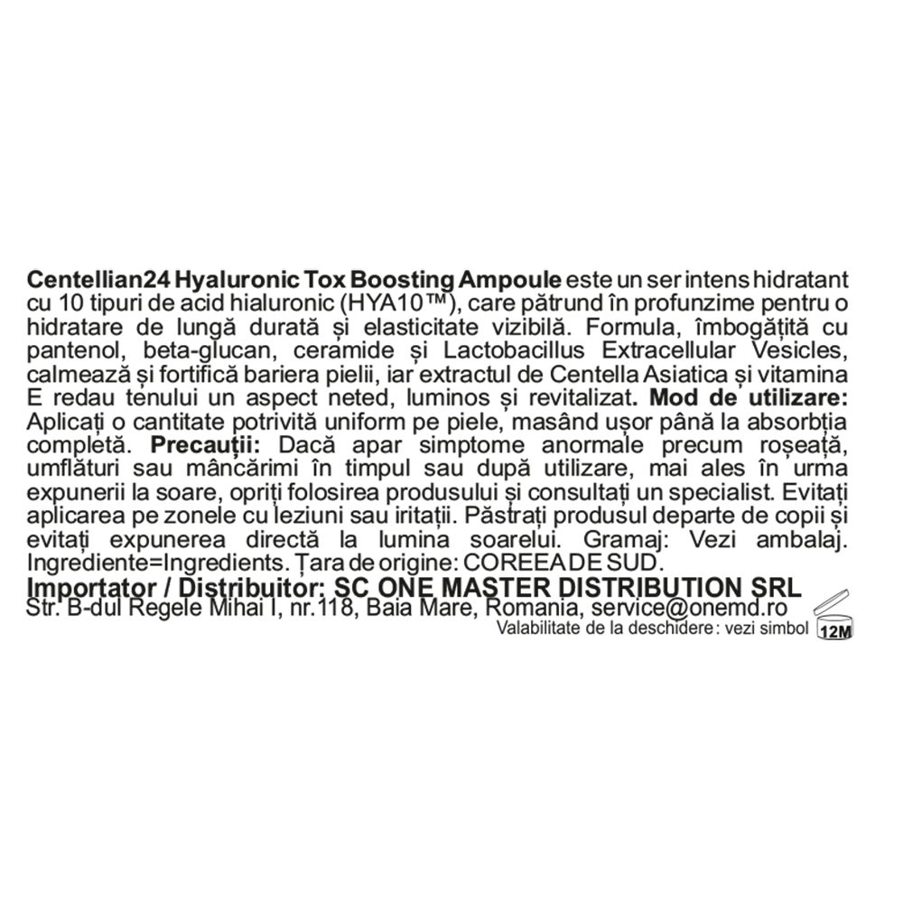 CENTELLIAN24 Hyaluronic Tox Boosting Ampoule - ser de fata formulat cu acid hialuronic si panthenol, care contribuie la hidratarea pielii si la mentinerea confortului cutanat - 30 ml