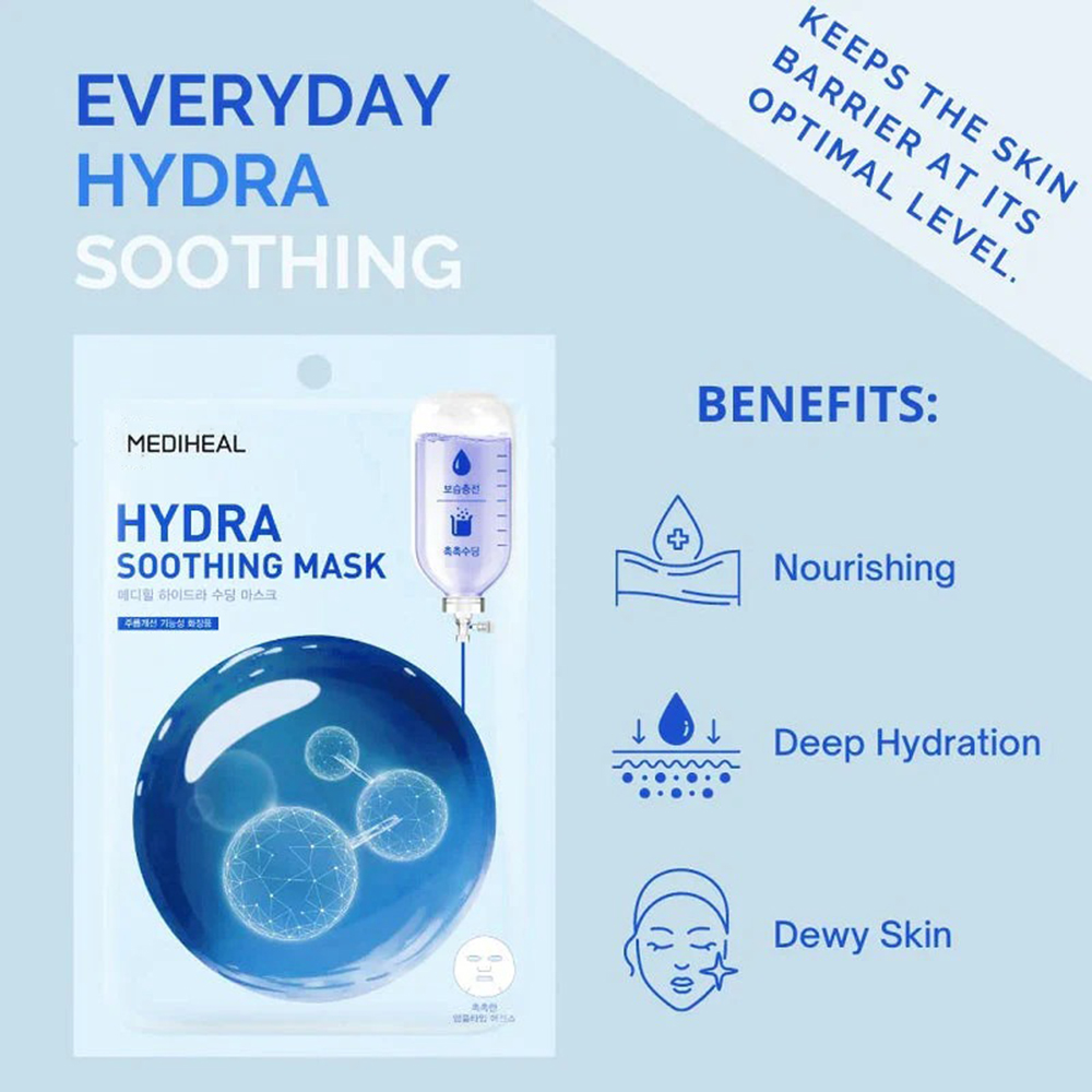 MEDIHEAL Hydra Soothing Sheet Mask - masca de fata tip servetel formulata cu Aquaxyl si acid hialuronic, care contribuie la hidratarea pielii si la metinerea confortului - 20 ml