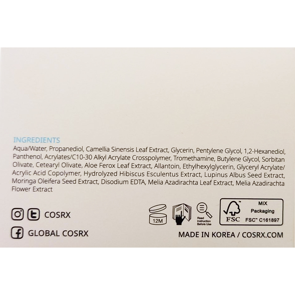 COSRX Hydrium Green Tea Aqua Soothing Gel Cream, 50 ml - crema de fata formulata cu pantenol si Camellia Sinensis (extract de ceai verde), care contribuie la hidratarea pielii si la metinerea pielii calma si hidratata