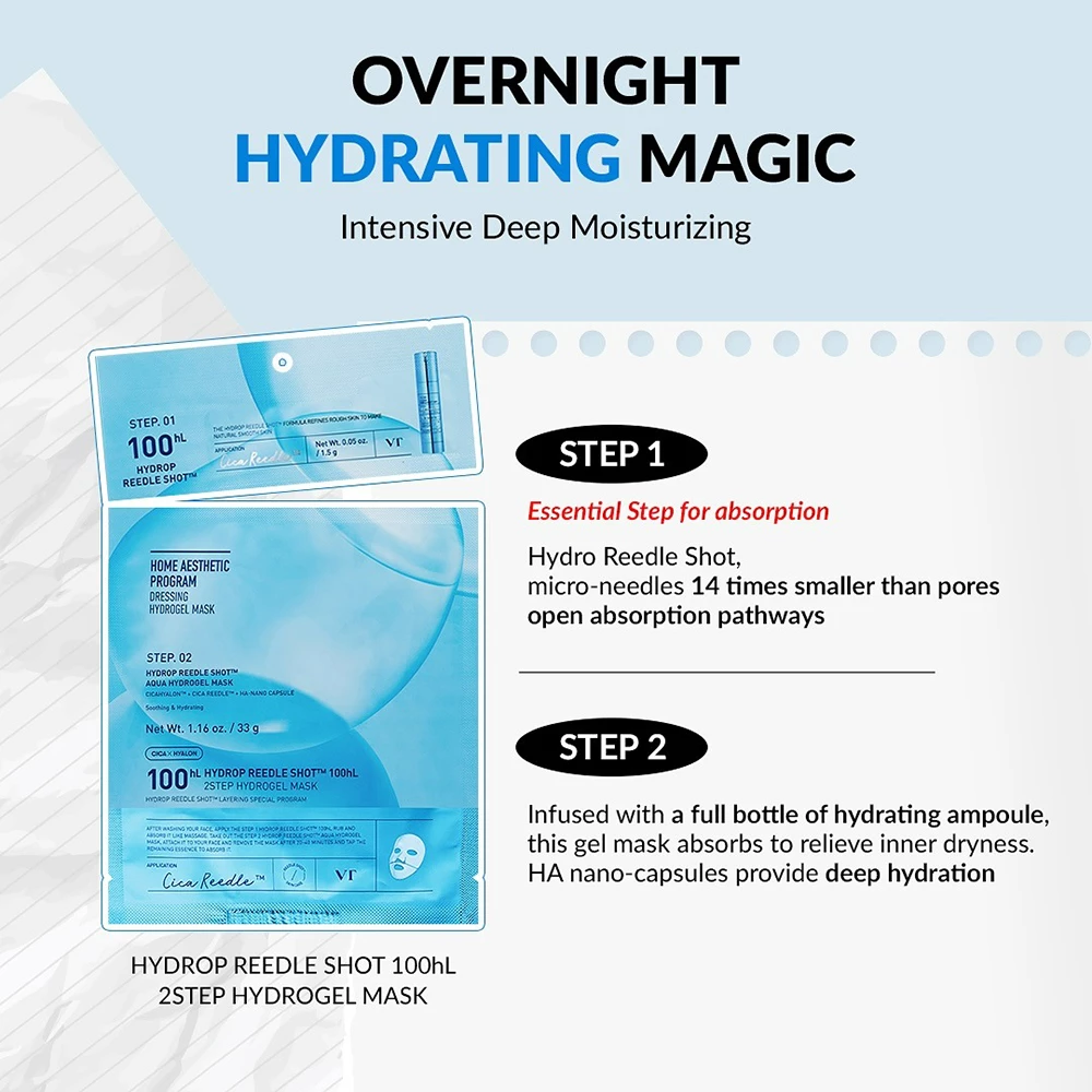 VT COSMETICS Hydrop Reedle Shot 100hL 2 Step Hydrogel Mask Masca de fata - hidratare si elasticitate, 33 gr + 1.5 gr