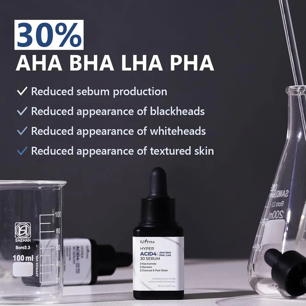 ISNTREE Hyper Acid4 Ser Exfoliant Intens 30 AHA BHA PHA LHA - Ten Luminos si Textura Uniforma, 20 ml