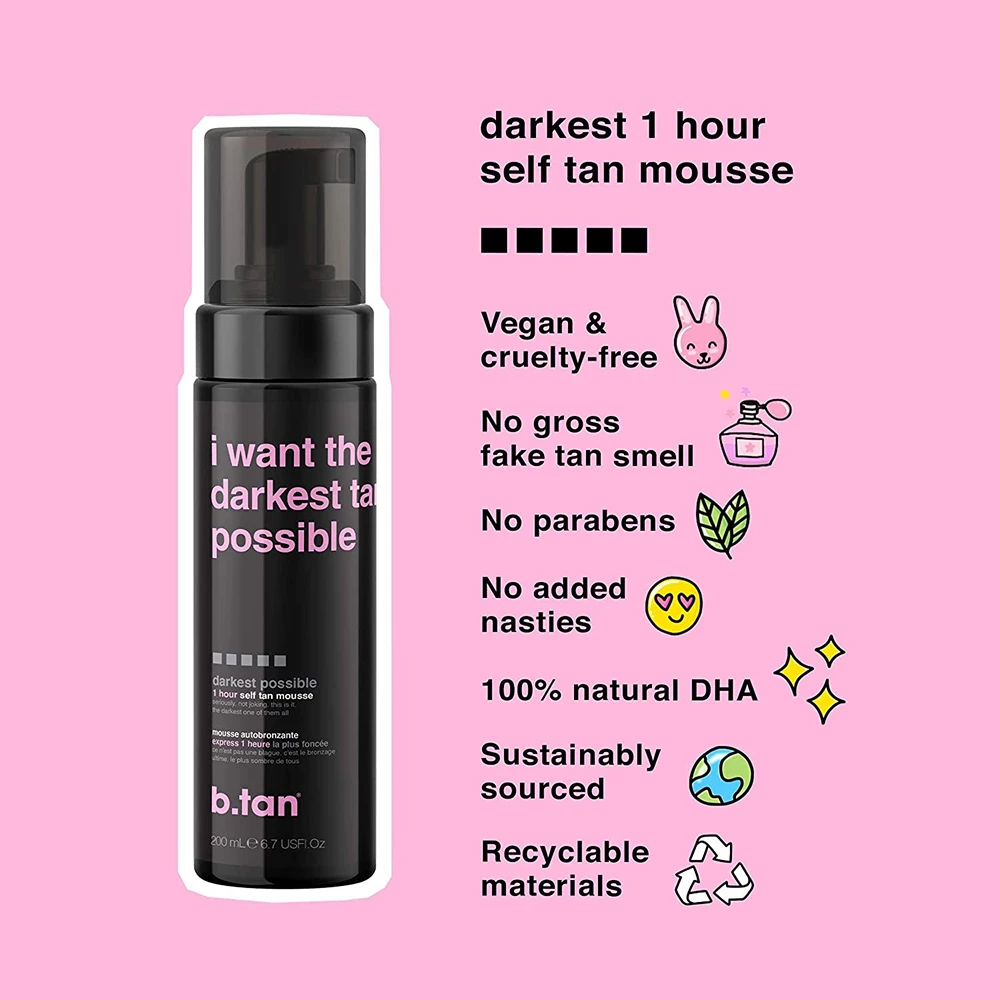 B.tan I Want The Darkest Tan Possible Spuma Autobronzanta Nivel 5 - Bronz Intens si Uniform, Hidratare cu Aloe Vera si Ulei de Jojoba, 200 ml