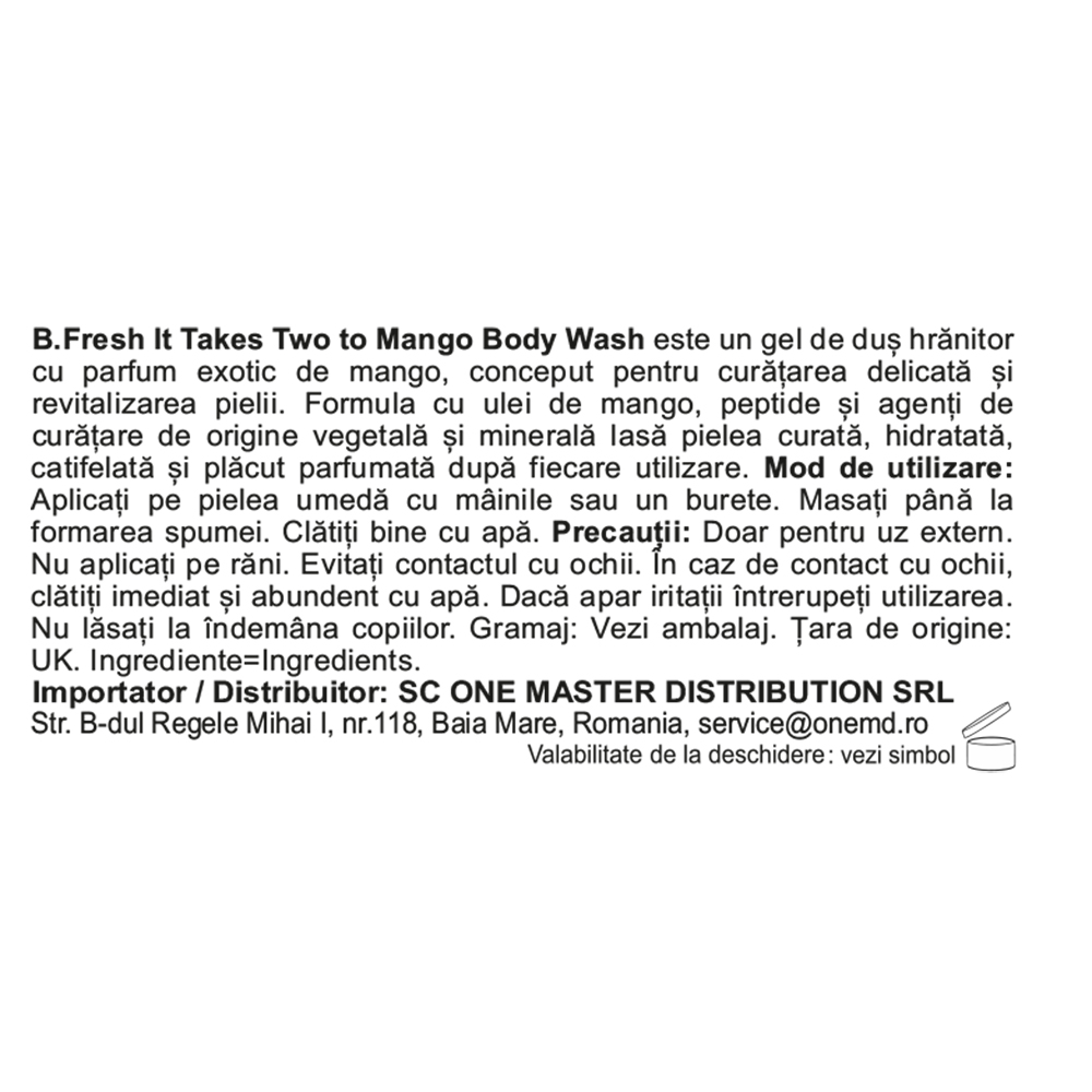 B.fresh It Takes Two To Mango Body Wash 473 ml - gel de dus formulat cu ulei de mango si peptide, care contribuie la curatarea delicata si la revitalizarea pielii