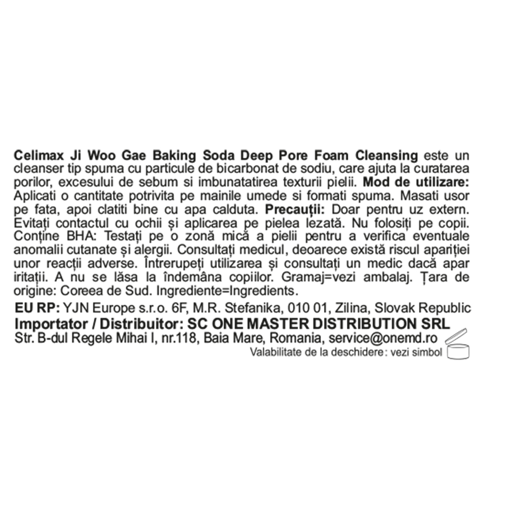 CELIMAX Ji Woo Gae Baking Soda Deep Pore Foam Cleansing, 150 ml - Spuma de curatare formulata cu bicarbonat de sodiu si acid salicilic, care contribuie la indepartarea impuritatilor si a excesului de sebum acumulat in pori si la metinerea echilibrului pielii dupa curatare