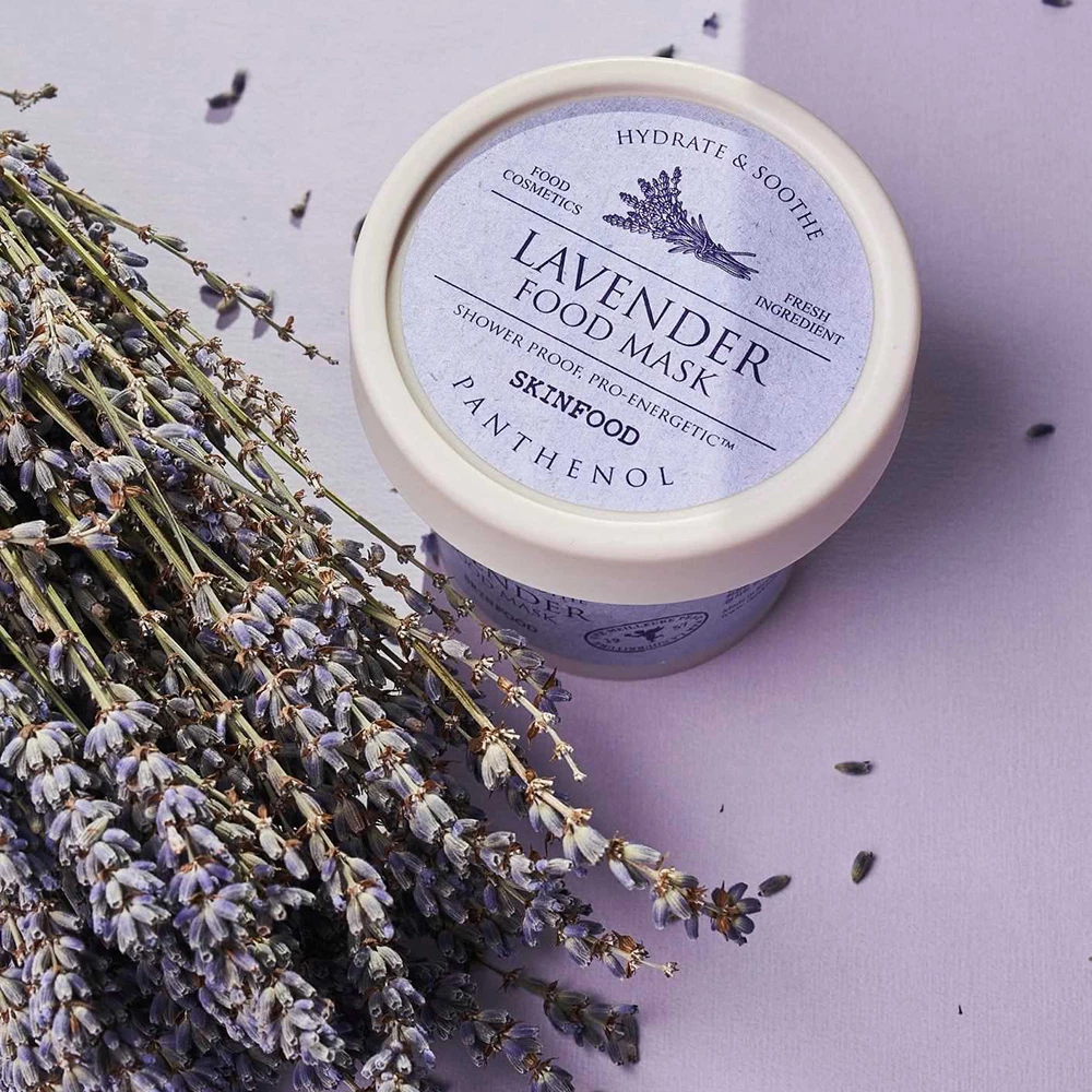 Mască de față hidratantă și calmantă Skinfood Lavender Food Mask cu 10% apă de flori de lavandă - 120 g