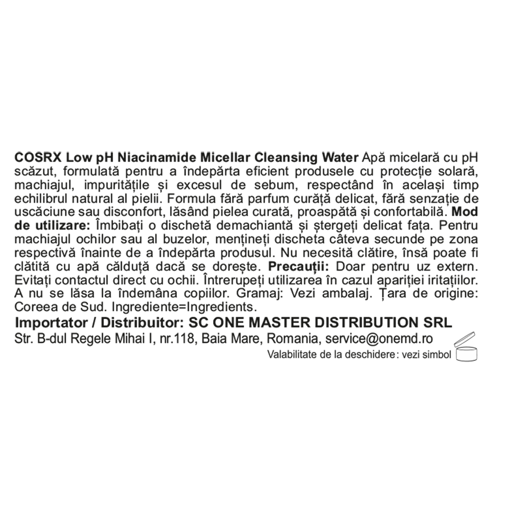 COSRX Low ph Niacinamide Micellar 400 ml - apa micelara formulata cu niacinamida si Zinc PCA, care contribuie la curatarea tenului si la mentinerea echilibrului pH-ului cutanat
