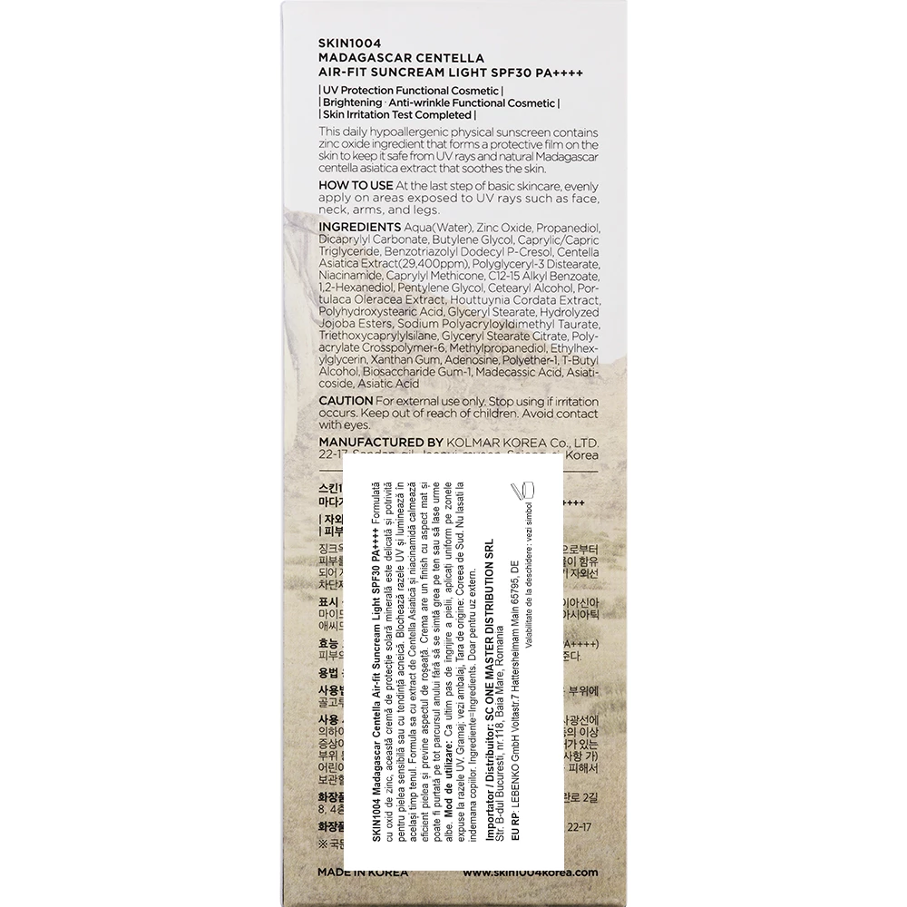 Madagascar Centella Air Fit Suncream Light - Crema de fata cu protectie solara  SPF30 PA++++ Mineral Sunscreen pentru piele sensibila - fara parfum - gramaj 50 ml