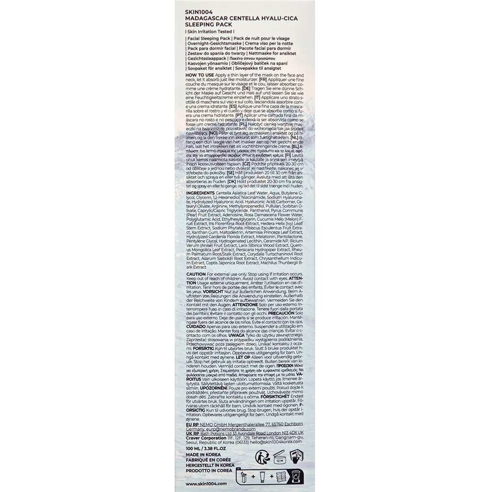 SKIN1004 Madagascar Centella Hyalu-Cica Sleeping Pack - masca de fata formulata cu acid hialuronic si Centella Asiatica, care contribuie la hidratarea pielii si la mentinerea confortului cutanat - 100 ml