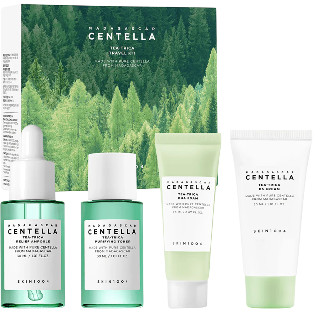 SKIN1004 Madagascar Centella Tea-Trica Travel Kit - Set formulat cu extract de arbore de ceai si Centella Asiatica, care contribuie la indepartarea excesului de sebum si a impuritatilor, la ingrijirea porilor si la calmarea pielii