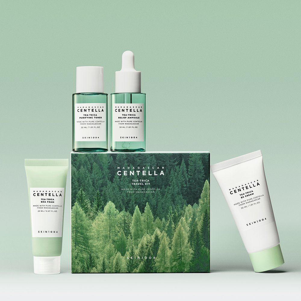 SKIN1004 Madagascar Centella Tea-Trica Travel Kit - Set formulat cu extract de arbore de ceai si Centella Asiatica, care contribuie la indepartarea excesului de sebum si a impuritatilor, la ingrijirea porilor si la calmarea pielii