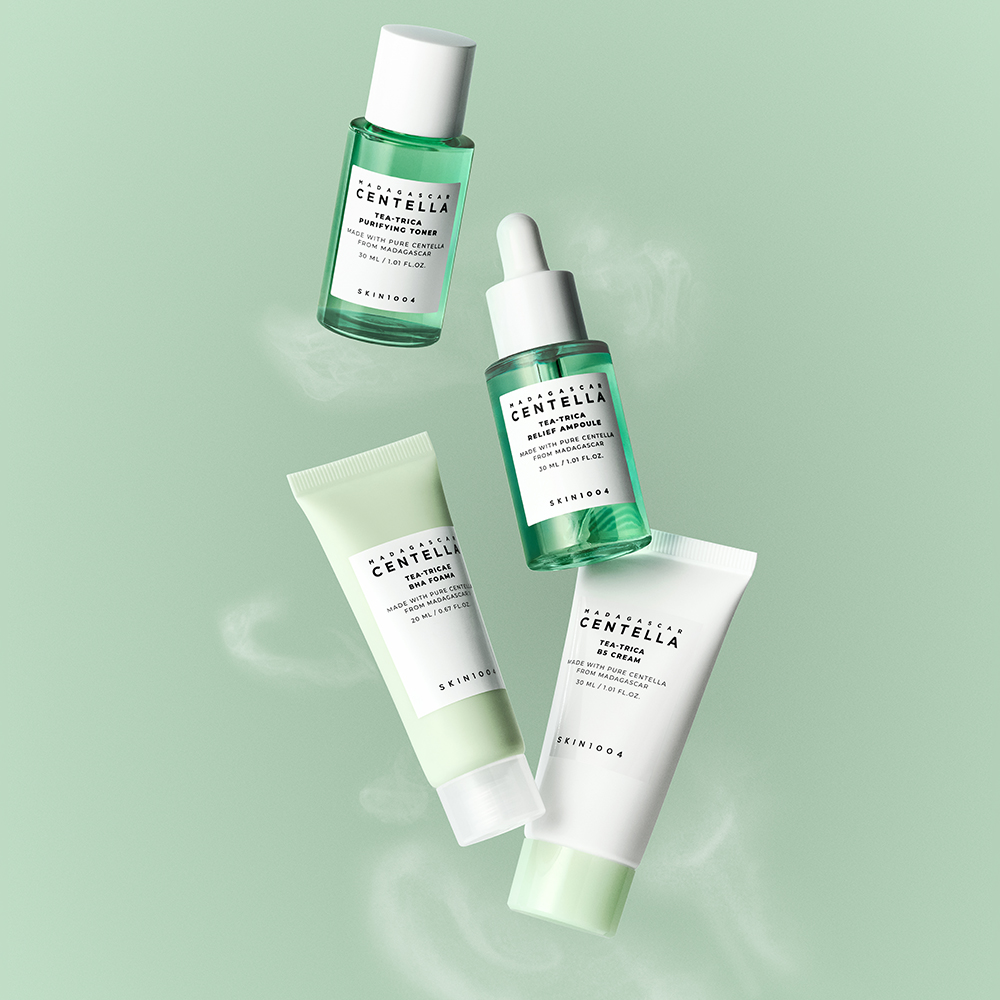 SKIN1004 Madagascar Centella Tea-Trica Travel Kit - Set formulat cu extract de arbore de ceai si Centella Asiatica, care contribuie la indepartarea excesului de sebum si a impuritatilor, la ingrijirea porilor si la calmarea pielii