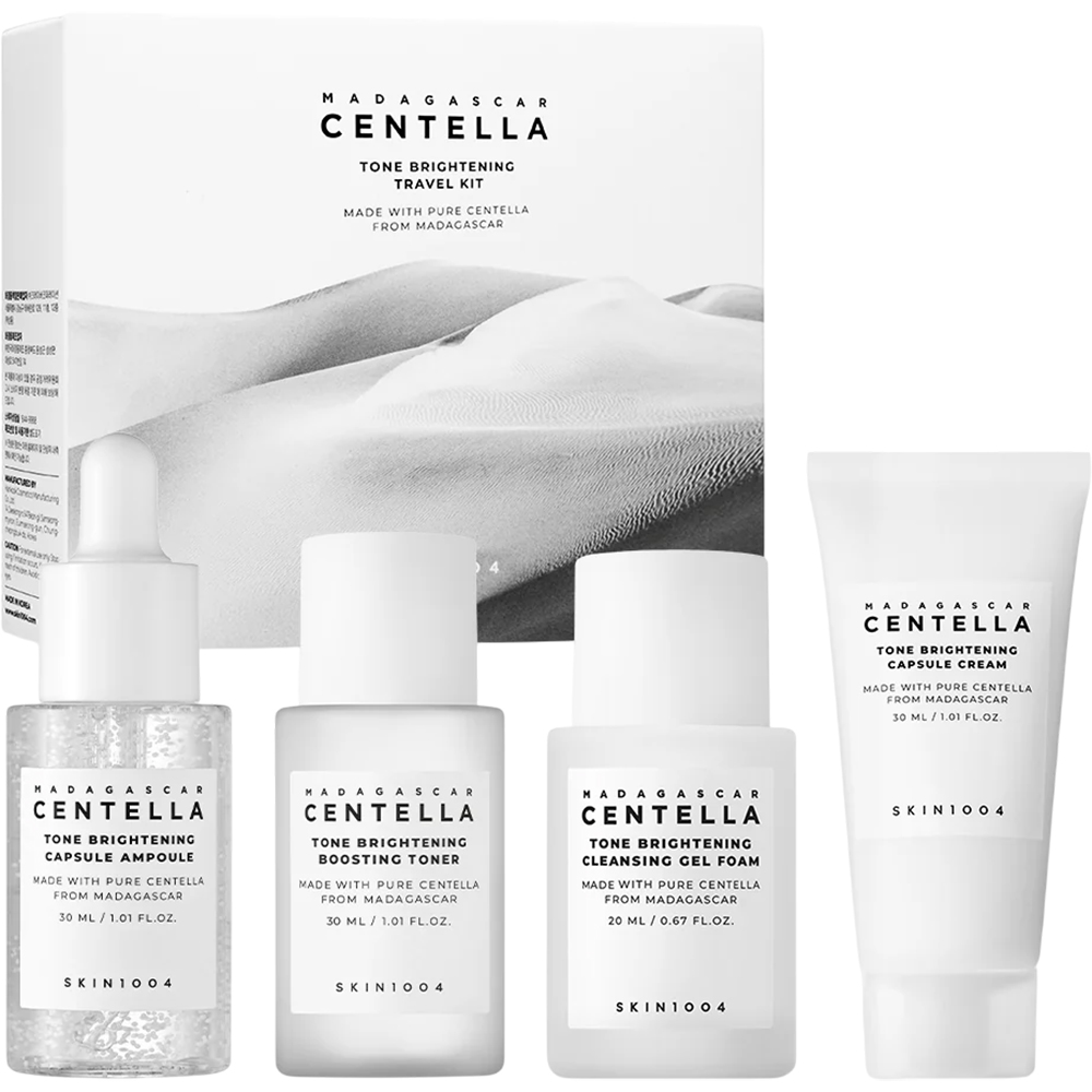 SKIN1004 Madagascar Centella Tone Brightening Travel Kit - Set de ingrijire formulat cu Centella Asiatica si niacinamida, care contribuie la uniformizarea aspectului pielii si la mentinerea hidratarii