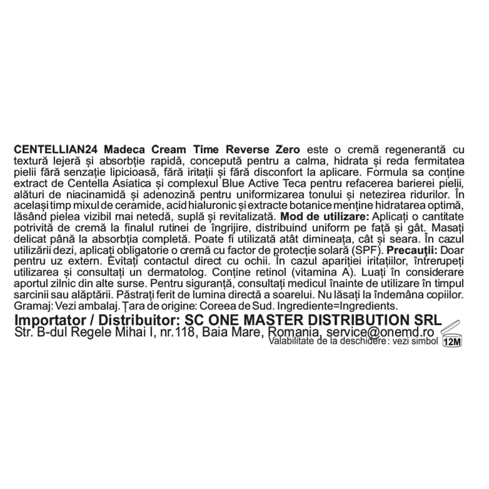 CENTELLIAN24 Madeca Cream Time Reverse Zero - crema de fata formulata cu retinol si niacinamide, care contribuie la uniformizarea nuantei pielii si la mentinerea barierei cutanate - 15 ml