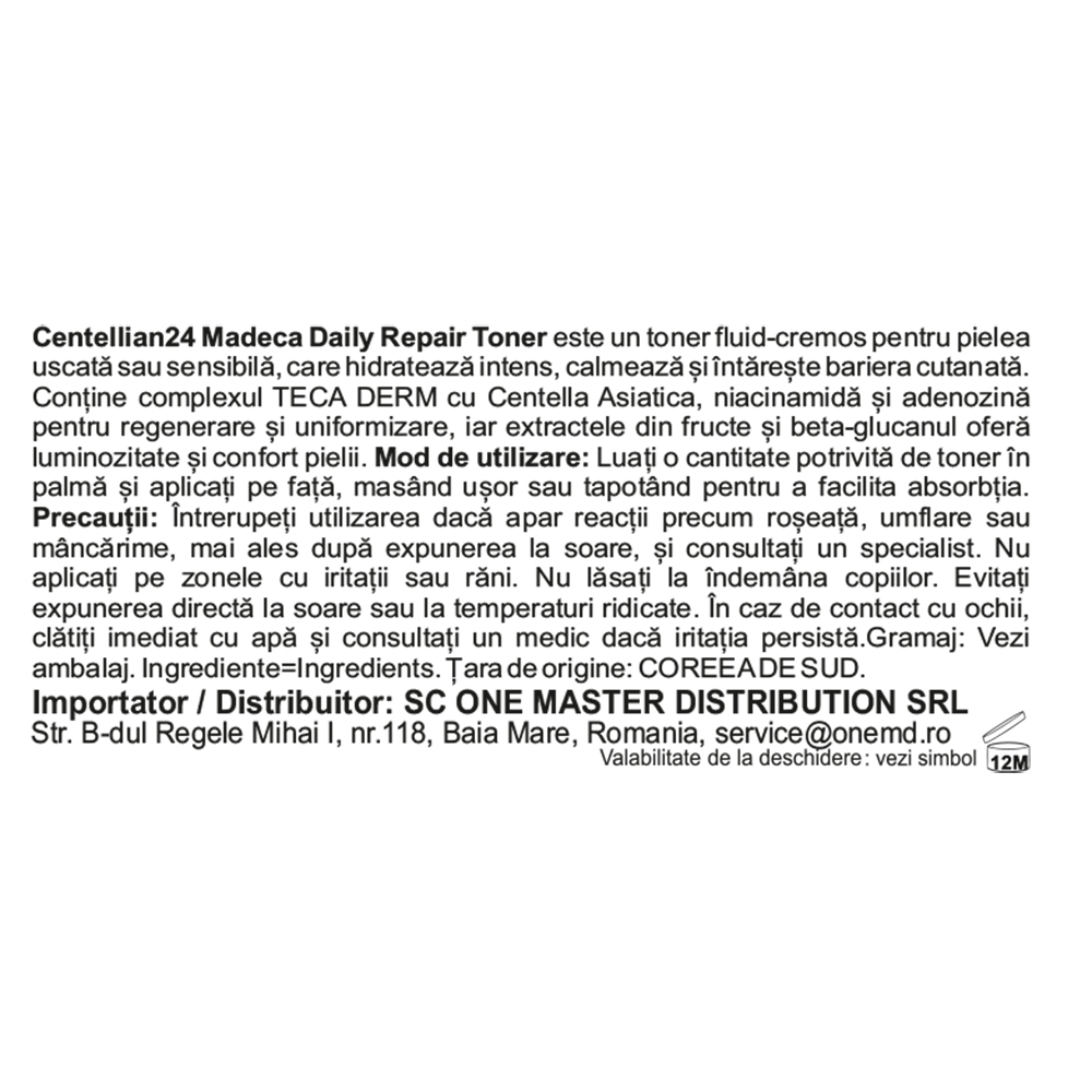 CENTELLIAN24 Madeca Daily Repair Toner - toner de fata formulat cu Centella asiatica TECA si ceramide, care contribuie la hidratarea pielii si la mentinerea barierei cutanate - 150 ml