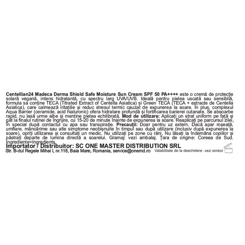CENTELLIAN24 Madeca Derma Shield Safe Moisture Sun Cream SPF50 PA++++ - crema de fata formulata cu TECA Titrated Extract of Centella Asiatica si acid hialuronic, care contribuie la calmarea iritatiilor si la metinerea hidratarii pielii - 50 ml