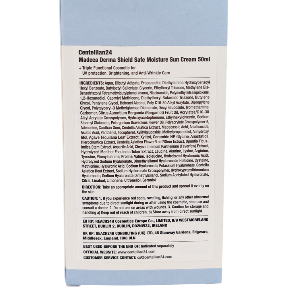 CENTELLIAN24 Madeca Derma Shield Safe Moisture Sun Cream SPF50 PA++++ - crema de fata formulata cu TECA Titrated Extract of Centella Asiatica si acid hialuronic, care contribuie la calmarea iritatiilor si la metinerea hidratarii pielii - 50 ml