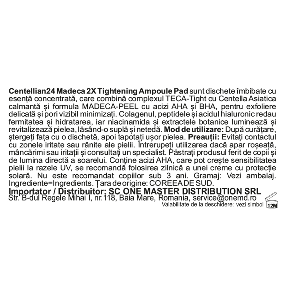 CENTELLIAN24 Madeca Double Tightening Ampoule Pad - ser de fata formulat cu AHA si BHA, care contribuie la exfolierea delicata a pielii si la mentinerea confortului cutanat - 60 buc