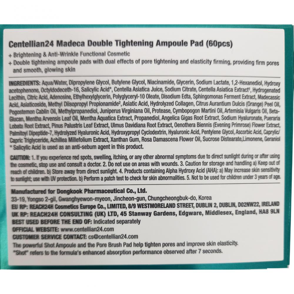 CENTELLIAN24 Madeca Double Tightening Ampoule Pad - ser de fata formulat cu AHA si BHA, care contribuie la exfolierea delicata a pielii si la mentinerea confortului cutanat - 60 buc