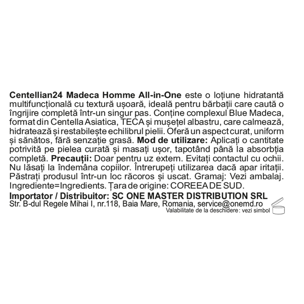 CENTELLIAN24 Madeca Homme All In One - lotiune de fata formulata cu Centella Asiatica Extract si niacinamide, care contribuie la hidratarea pielii si la mentinerea echilibrului intre hidratare si sebum - 125 ml
