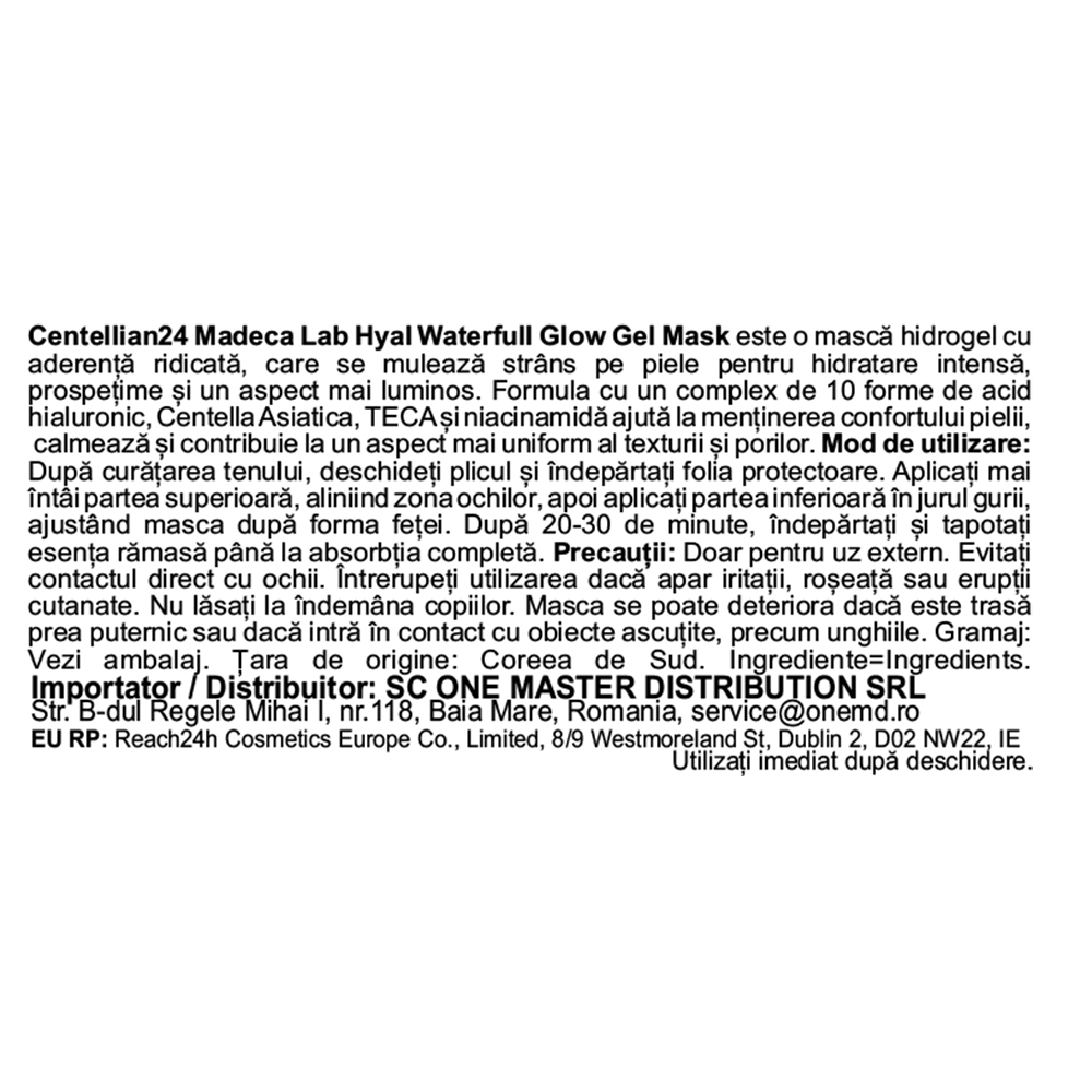 CENTELLIAN24 Madeca Lab Hyal Waterfull Glow Gel Mask - masca de fata formulata cu acid hialuronic si niacinamide, care contribuie la hidratarea pielii si la mentinerea confortului cutanat - 22 gr