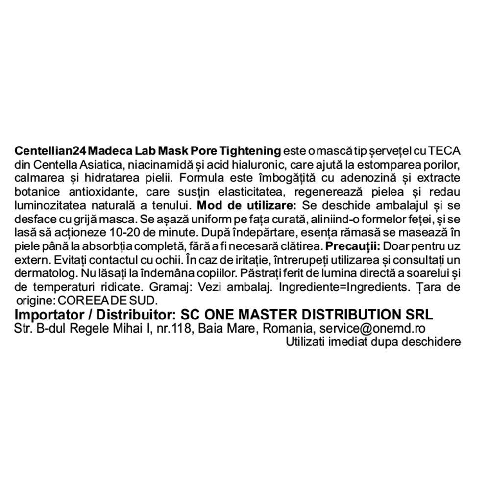 CENTELLIAN24 Madeca Lab Mask Pore Tightening - masca de fata formulata cu Extract de Centella Asiatica (TECA) si Niacinamide, care contribuie la ingrijirea porilor si la mentinerea fermitatii pielii - 24 ml