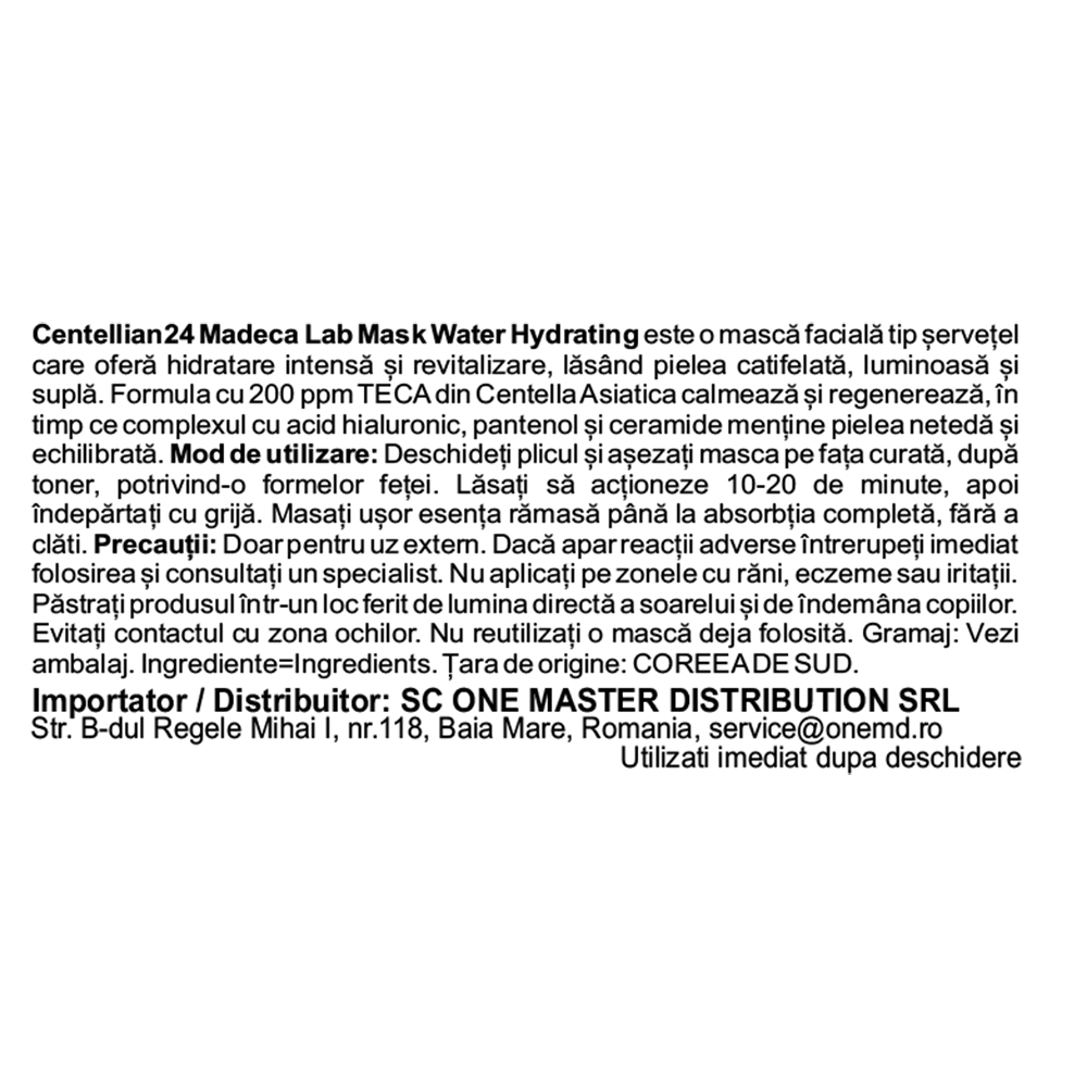 CENTELLIAN24 Madeca Lab Mask Water Hydrating - masca de fata tip servetel formulata cu acid hialuronic si TECA, care contribuie la hidratarea pielii si la calmarea zonelor sensibile - 24 ml