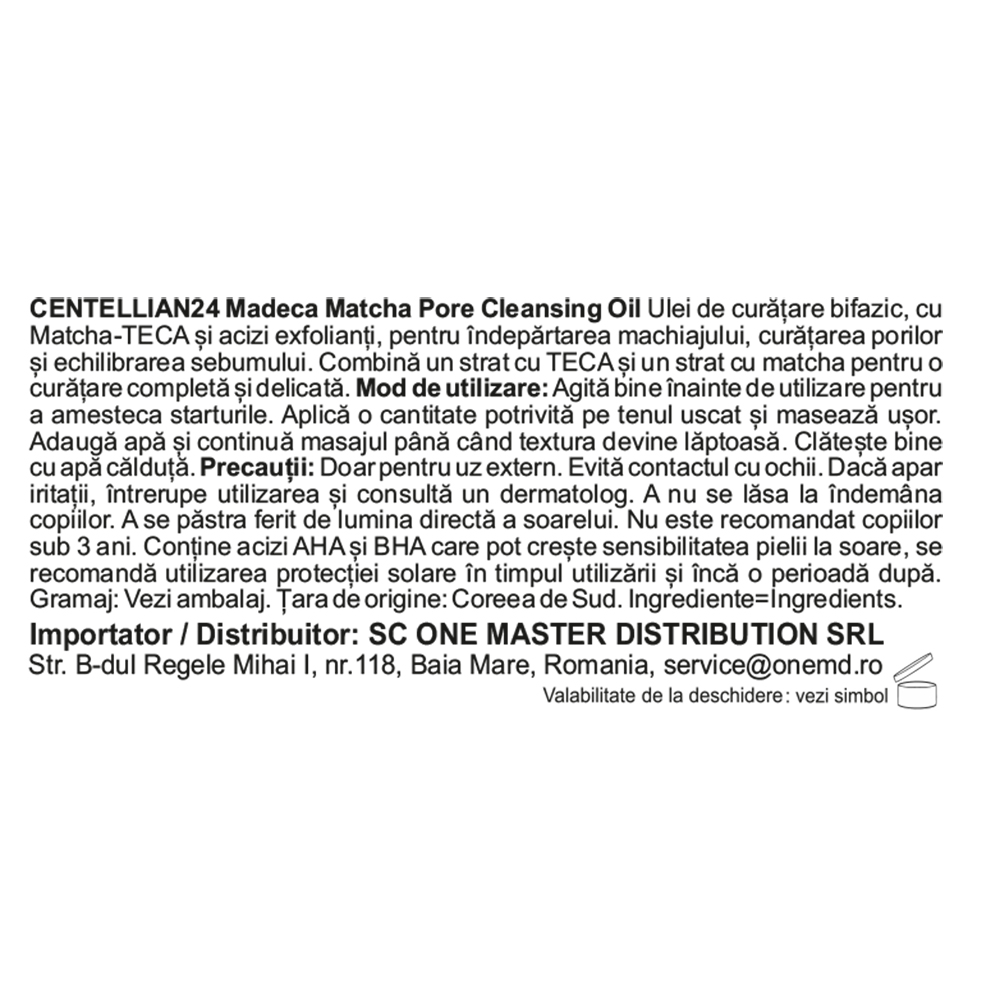 CENTELLIAN24 Madeca Matcha Pore Cleansing Oil - ulei de curatare formulat cu TECA si matcha, care contribuie la dizolvarea machiajului, impuritatilor si excesului de sebum si la metinerea confortului pielii - 200 ml