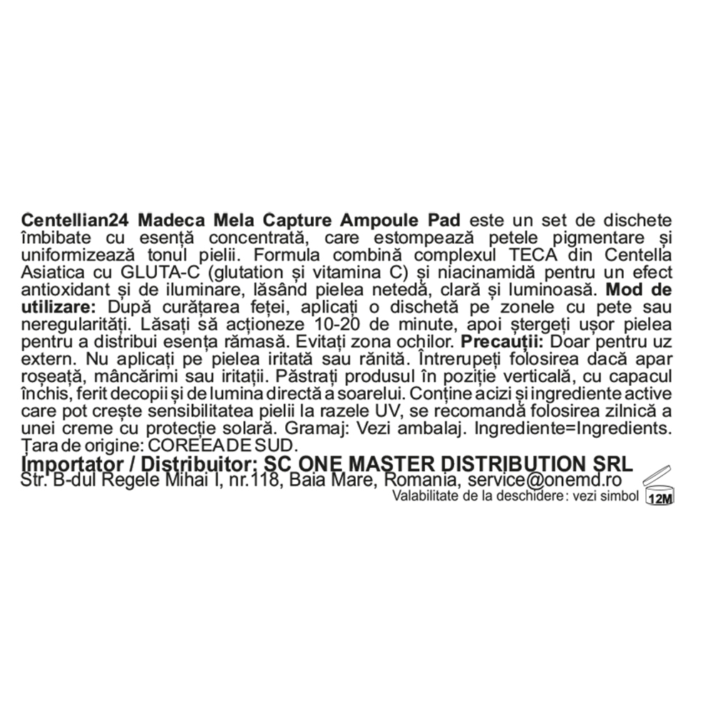 CENTELLIAN24 Madeca Mela Capture Ampoule Pad - ser de fata formulat cu TECA Centella Asiatica si GLUTA-C (glutation + vitamina C), care contribuie la estomparea petelor pigmentare si la uniformizarea tonului pielii - 60 buc