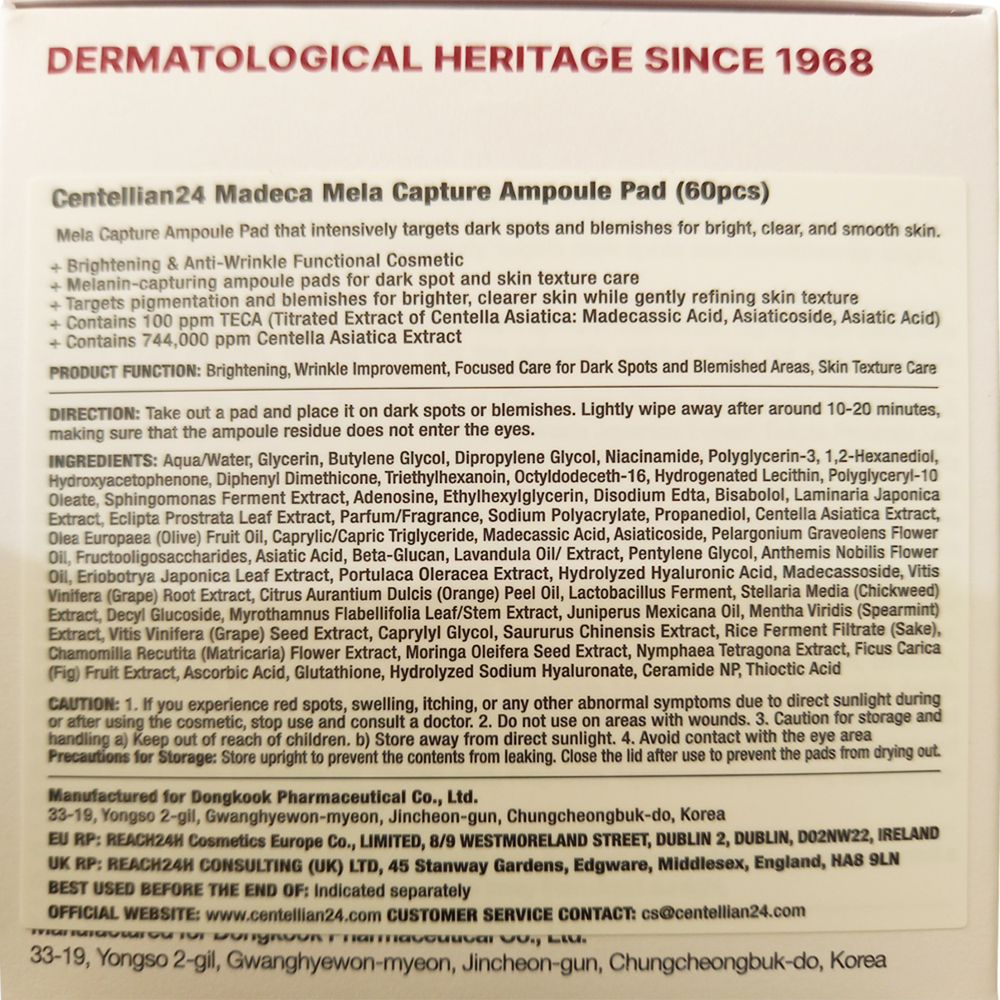 CENTELLIAN24 Madeca Mela Capture Ampoule Pad - ser de fata formulat cu TECA Centella Asiatica si GLUTA-C (glutation + vitamina C), care contribuie la estomparea petelor pigmentare si la uniformizarea tonului pielii - 60 buc