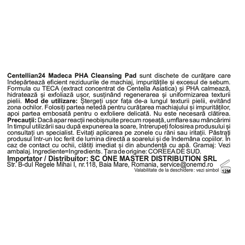 CENTELLIAN24 Madeca PHA Cleansing Pad - dischete demachiante formulate cu Centella Asiatica (TECA) si PHA (Gluconolactona), care contribuie la indepartarea machiajului, impuritatilor si excesului de sebum si la metinerea aspectului proaspat si uniform al pielii - 60 buc