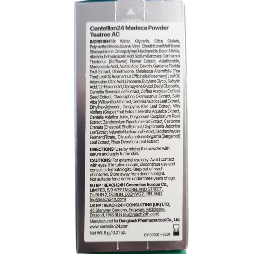 CENTELLIAN24 Madeca Powder TeaTree AC - pudra de fata formulata cu Complex TECA (Centella Asiatica) si ulei de arbore de ceai, care contribuie la controlul excesului de sebum si la mentinerea confortului pielii - 6 gr