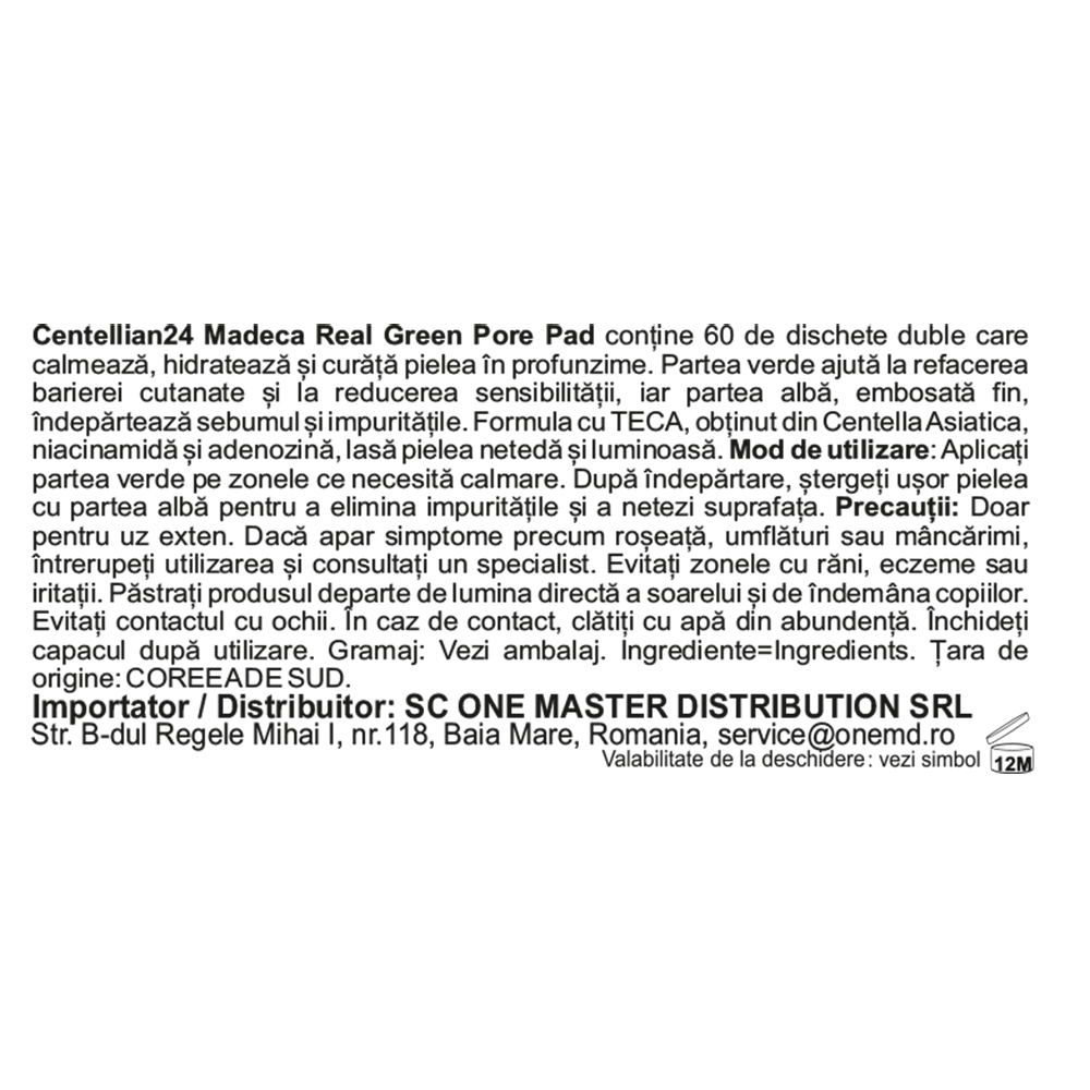 CENTELLIAN24 Madeca Real Green Pore Pad - toner de fata formulat cu TECA si niacinamide, care contribuie la calmarea pielii si la curatarea porilor - 60 buc