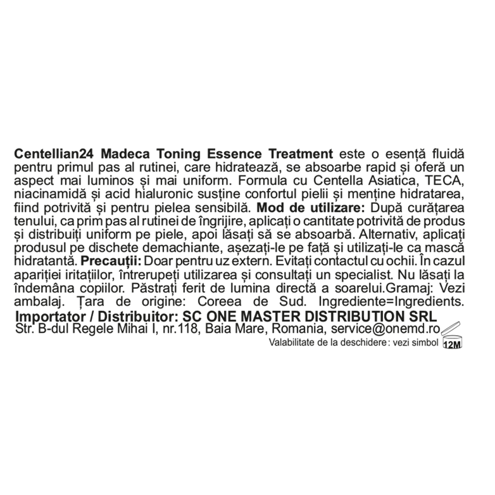 CENTELLIAN24 Madeca Toning Essence Treatment - toner de fata formulat cu niacinamide si TECA extract titrat de Centella Asiatica, care contribuie la hidratarea pielii si la mentinerea confortului pielii - 300 ml