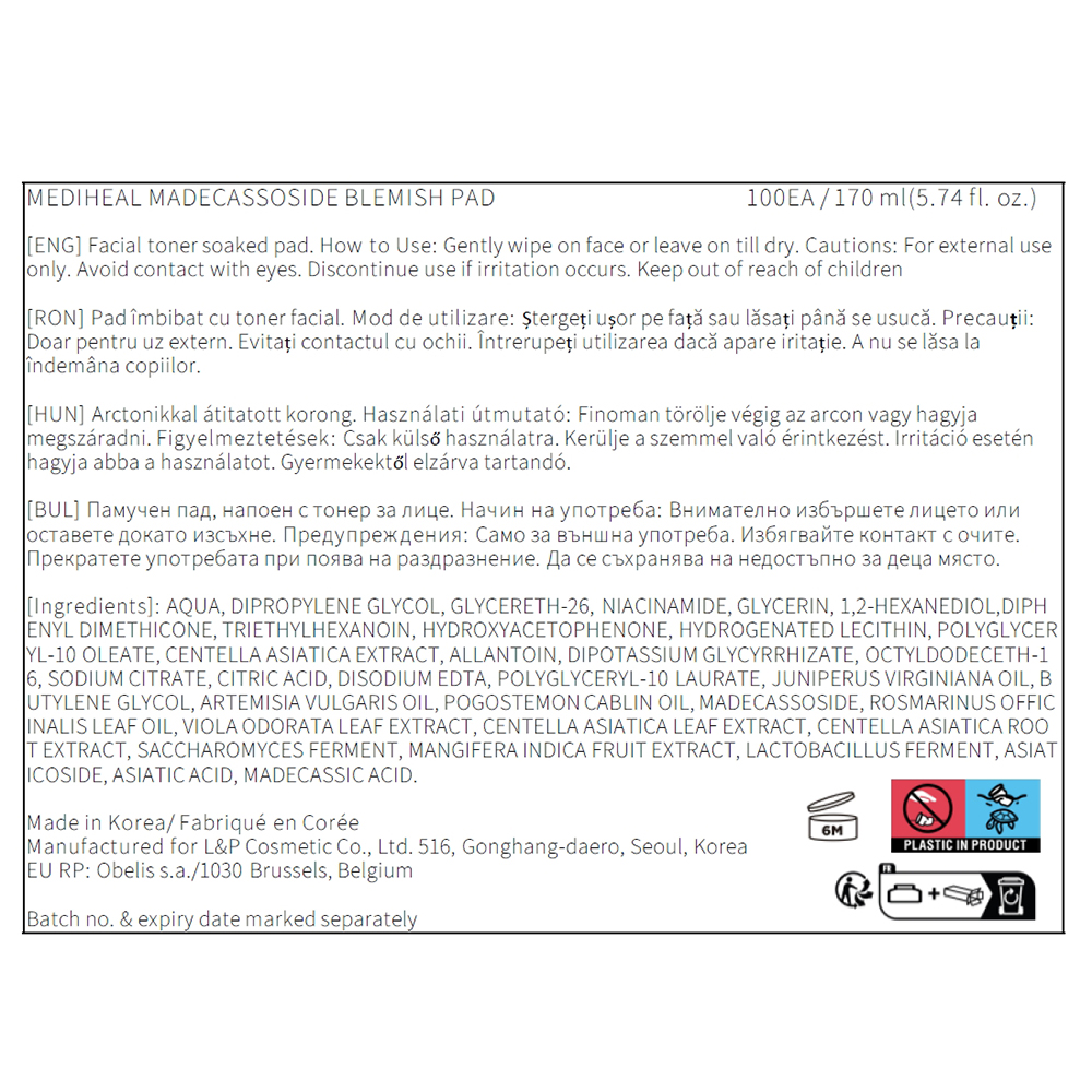 MEDIHEAL Madecassoside Blemish Pads - toner de fata dischete formulat cu Madecassoside si Centella Asiatica, care contribuie la calmarea pielii si la reducerea imperfectiunilor si la mentinerea aspectului uniform al tenului - 100 buc