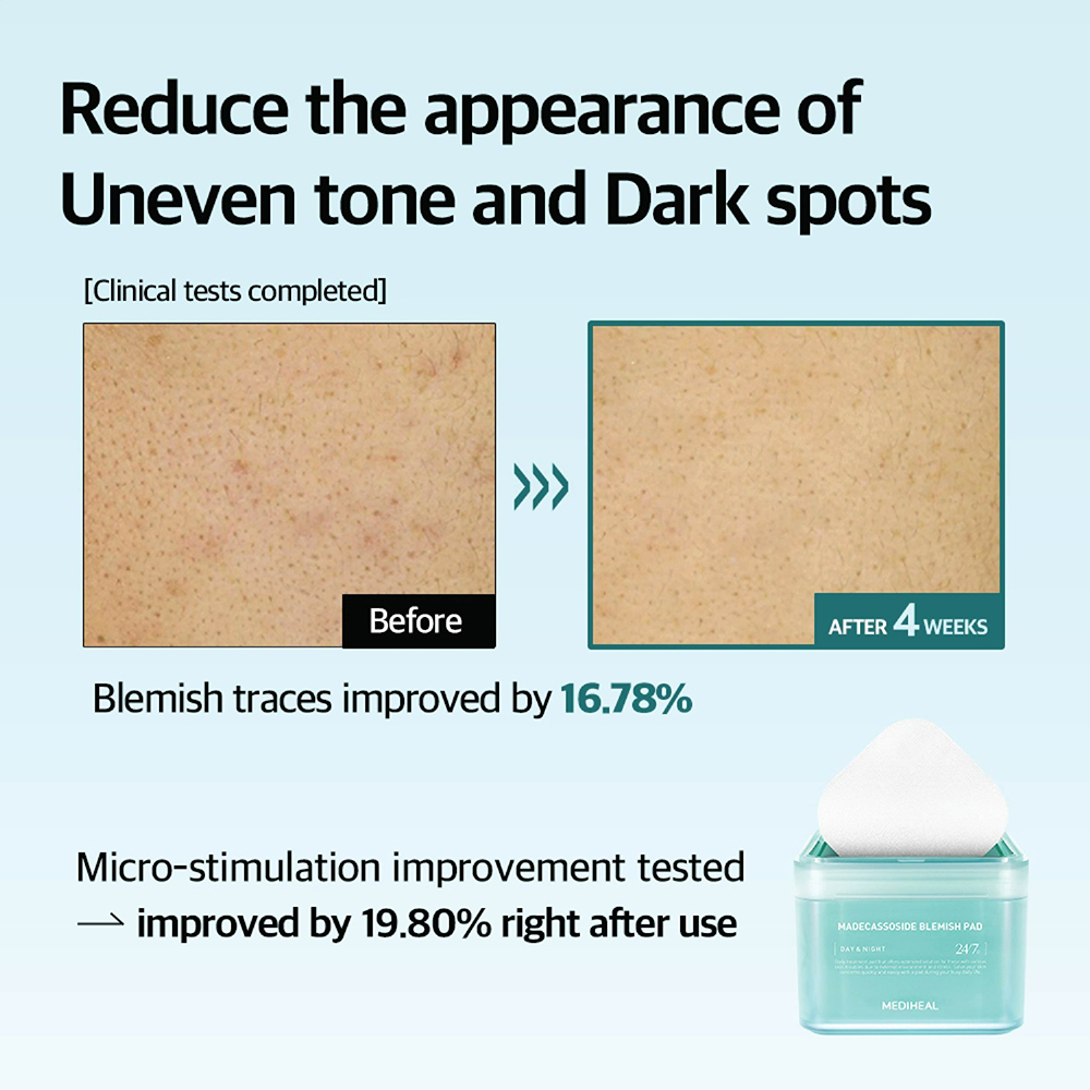 MEDIHEAL Madecassoside Blemish Pads - toner de fata dischete formulat cu Madecassoside si Centella Asiatica, care contribuie la calmarea pielii si la reducerea imperfectiunilor si la mentinerea aspectului uniform al tenului - 100 buc