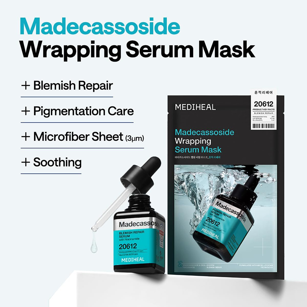 MEDIHEAL Madecassoside Wrapping Serum Mask Blemish Repair 25 ml - Masca de fata formulata cu madecassoside si niacinamida, care contribuie la calmarea pielii cu imperfectiuni, estomparea aspectului urmelor post-acnee si petelor pigmentare si la metinerea hidratarii