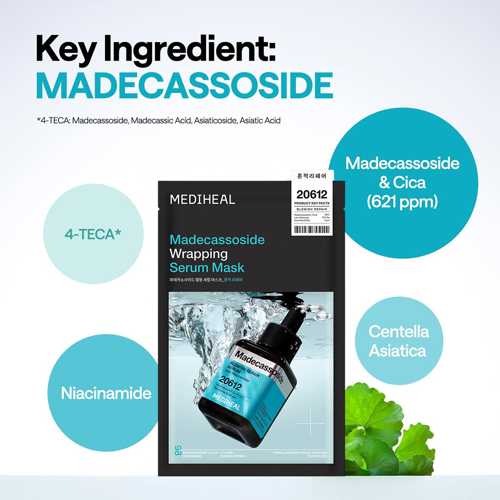 MEDIHEAL Madecassoside Wrapping Serum Mask Blemish Repair 25 ml - Masca de fata formulata cu madecassoside si niacinamida, care contribuie la calmarea pielii cu imperfectiuni, estomparea aspectului urmelor post-acnee si petelor pigmentare si la metinerea hidratarii