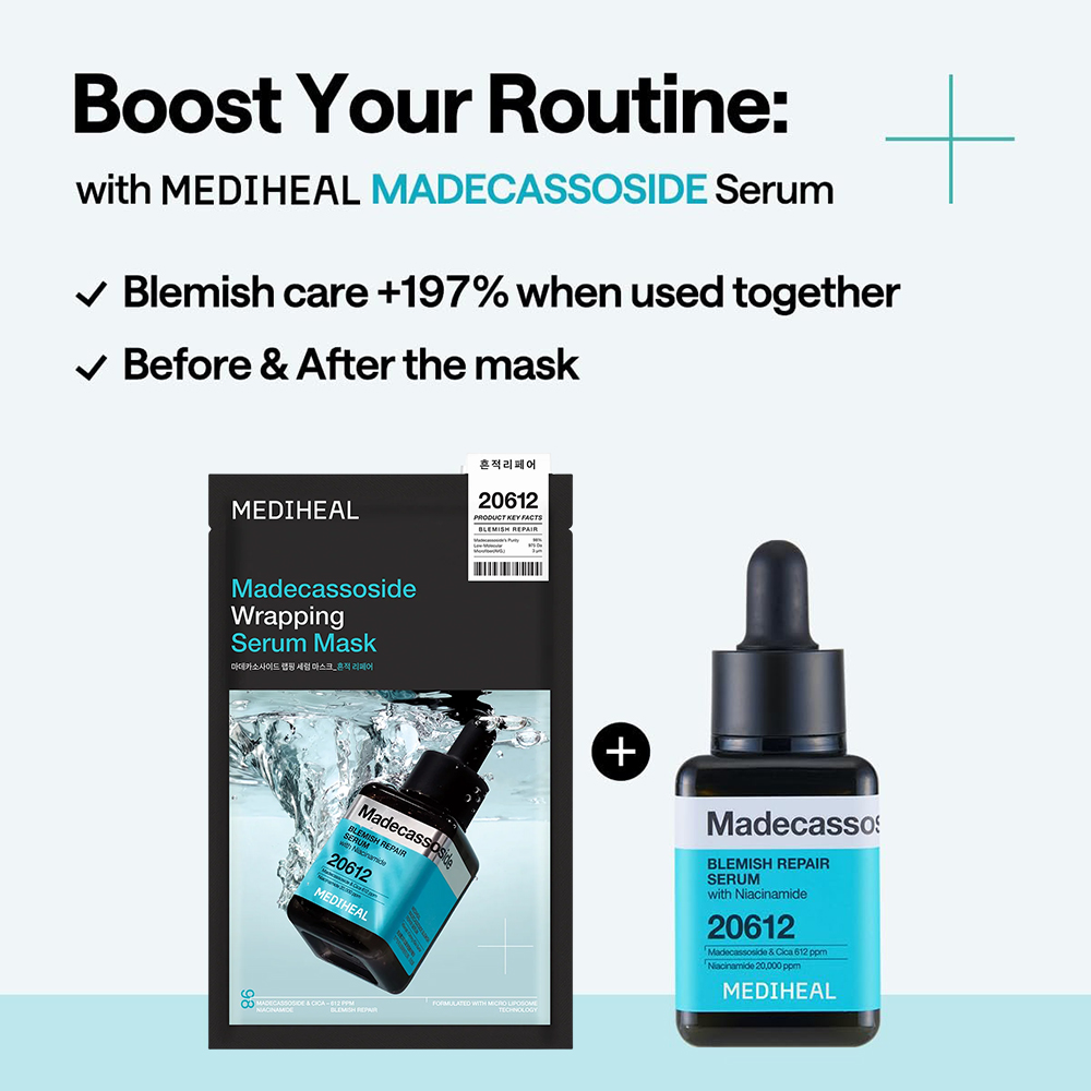 MEDIHEAL Madecassoside Wrapping Serum Mask Blemish Repair 25 ml - Masca de fata formulata cu madecassoside si niacinamida, care contribuie la calmarea pielii cu imperfectiuni, estomparea aspectului urmelor post-acnee si petelor pigmentare si la metinerea hidratarii