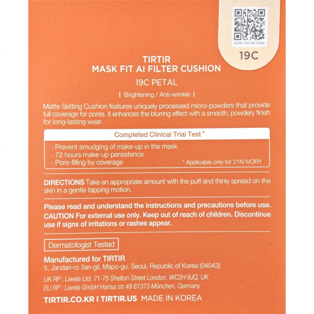 TIRTIR Mask Fit Ai Filter Cushion, 19C Petal, 18 gr - fond de ten cushion formulat cu niacinamida si acid ascorbic, care contribuie la uniformizarea tenului si la mentinerea aspectului neted al pielii